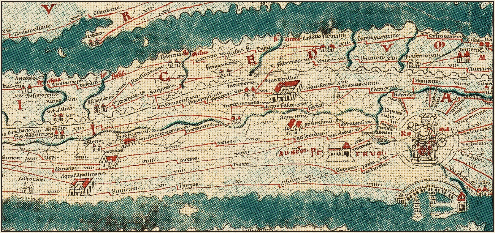Detail of the Tabula Peutingeriana with Rome enthroned in a medallion, red roads, cities and bands of sea, printed in risograph inks