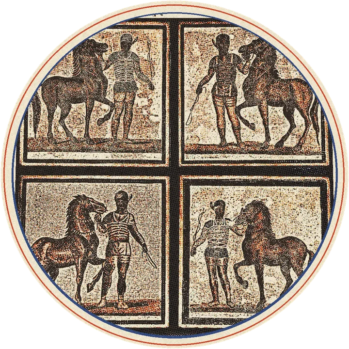 Mosaico con cuatro aurigas y sus caballos, uno por facción