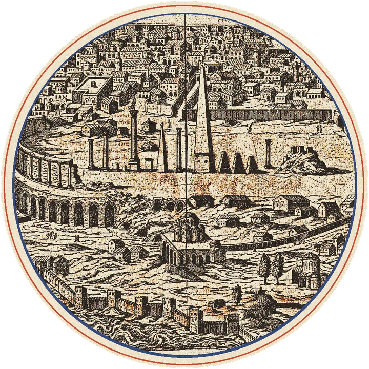 Reconstrucción del hipódromo de Constantinopla con su espina de obeliscos y columnas, grabado de Panvinio impreso en tintas