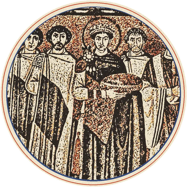 Justiniano en el mosaico de San Vital de Rávena, impreso en tintas