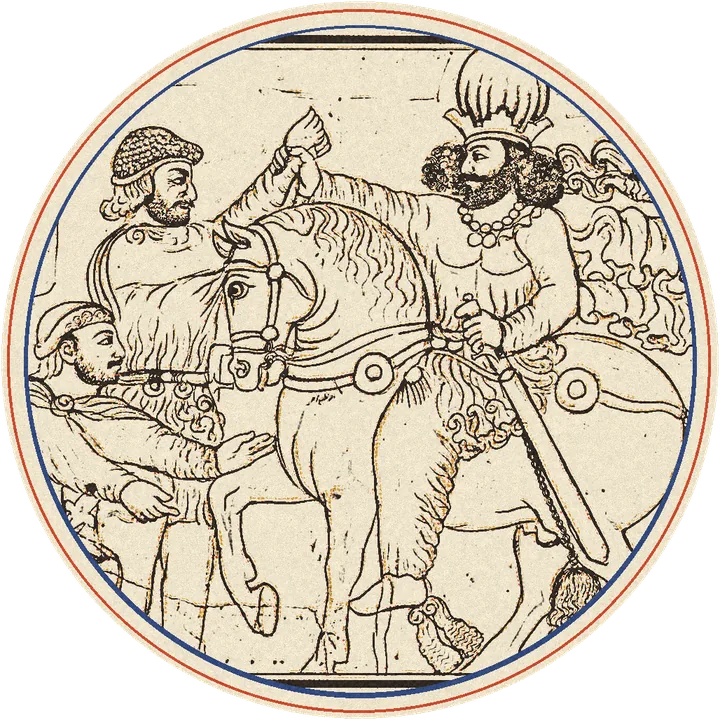 Dibujo del relieve de Naqsh-e Rostam: Sapor I a caballo con un romano arrodillado