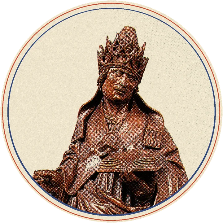 Estatua de madera de un papa con tiara leyendo un libro abierto