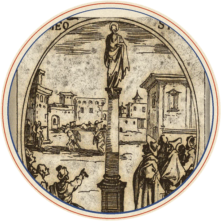 Grabado de san Simeón de pie sobre una alta columna, rodeado de peregrinos