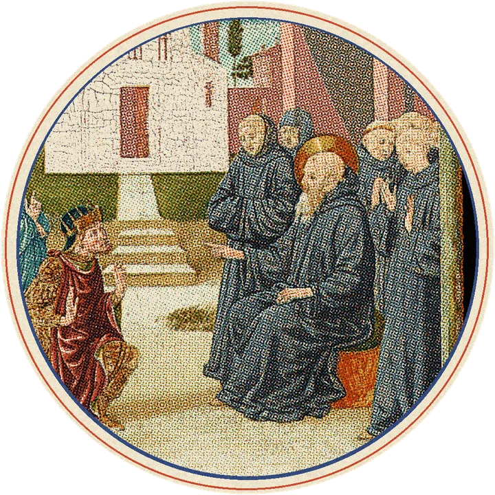 Pintura del rey Totila arrodillado ante san Benito y sus monjes
