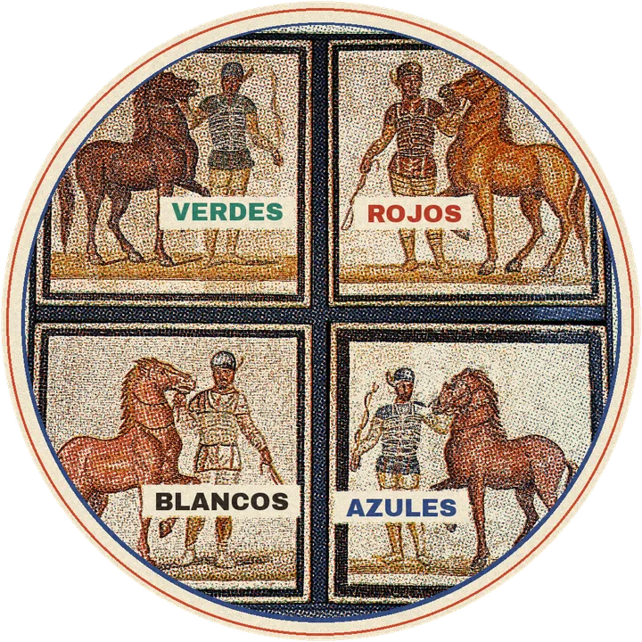 Mosaic of four charioteers with their horses, one for each faction