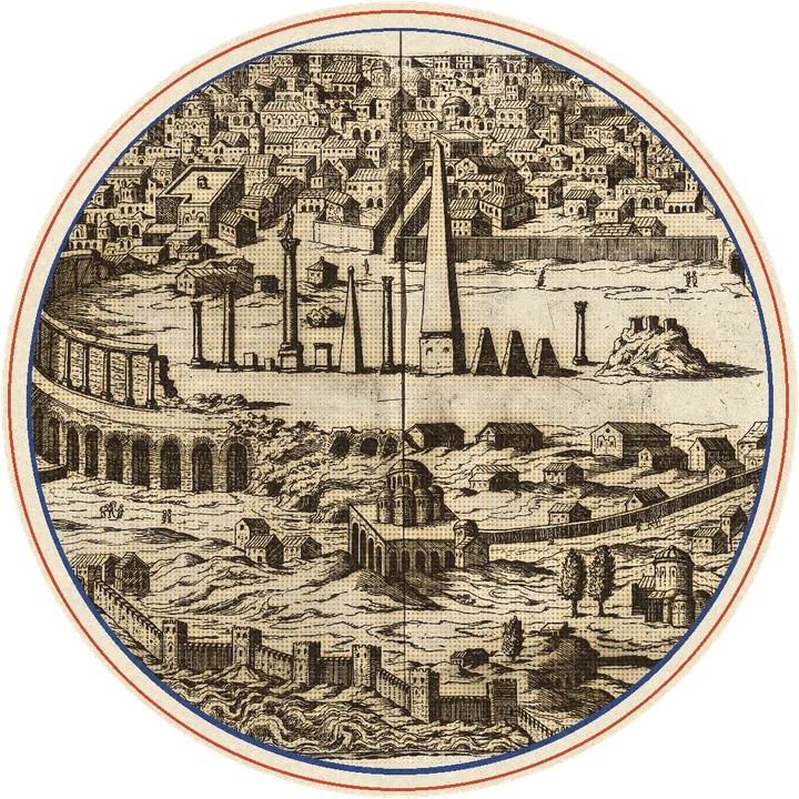 Reconstruction of the Hippodrome of Constantinople with its spina of obelisks and columns, Panvinio's engraving printed in inks