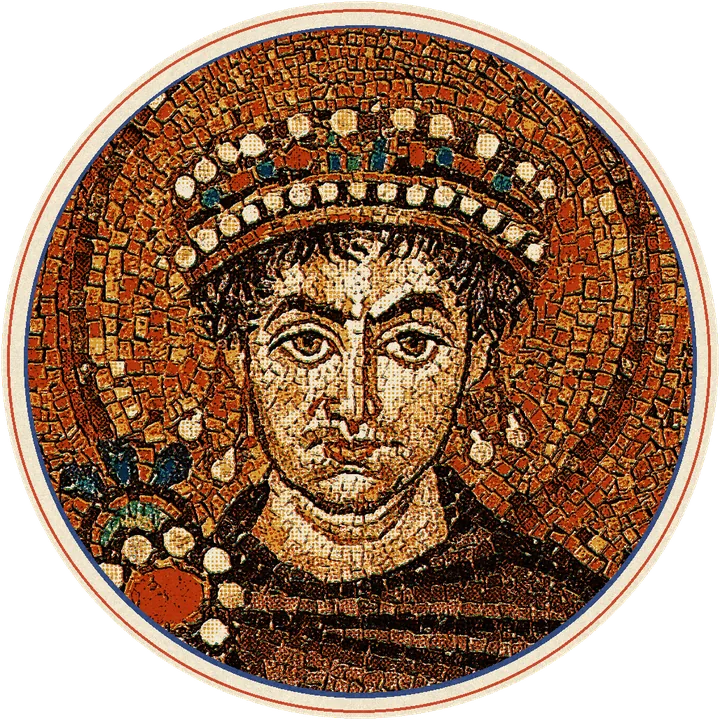 Face of Justinian with a pearl crown and halo, in the mosaic of San Vitale in Ravenna