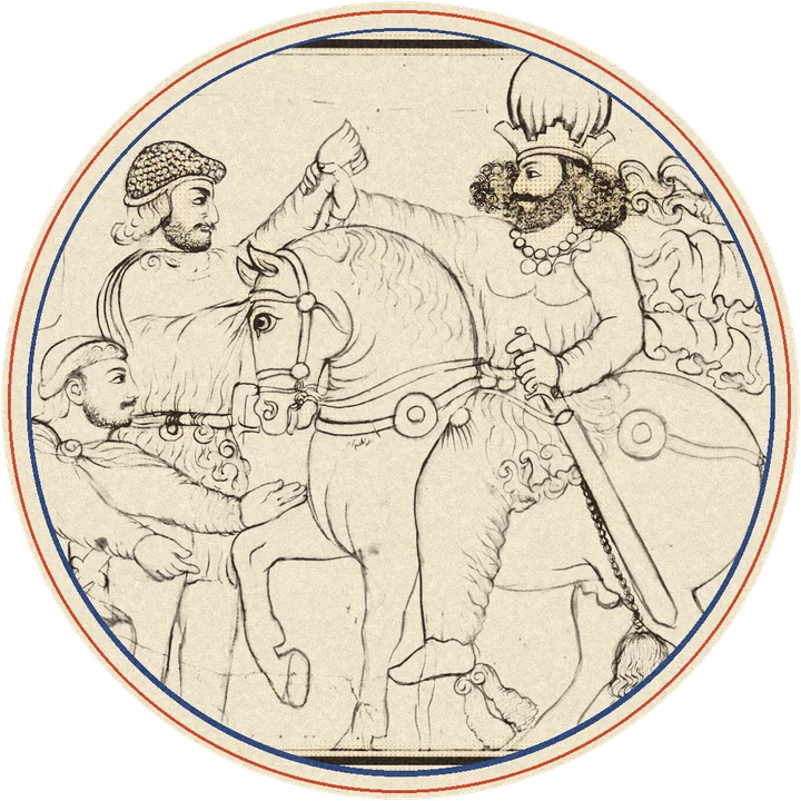Drawing of the Naqsh-e Rostam relief: Shapur I on horseback with a kneeling Roman