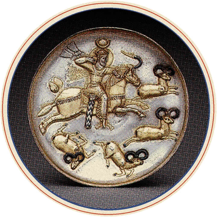 Sasanian silver plate with a king hunting rams, printed in inks