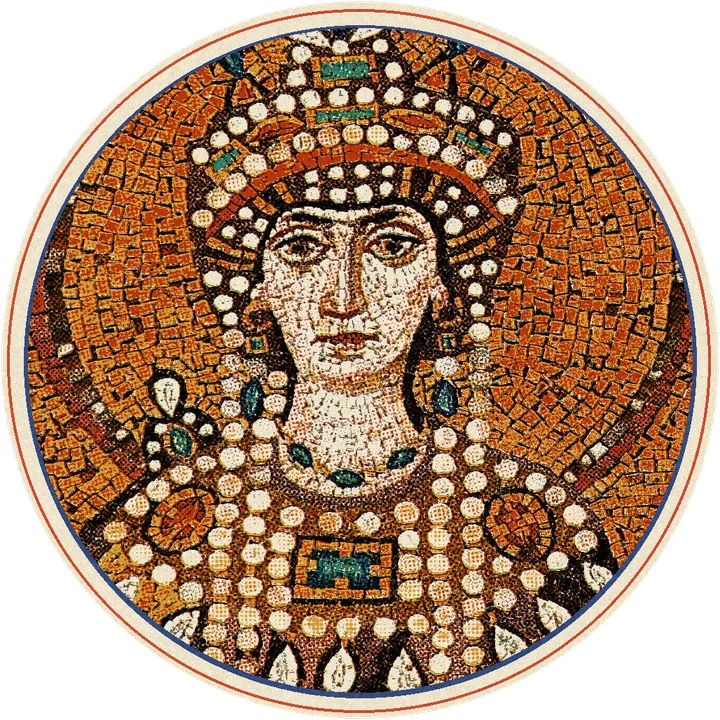 Face of Theodora with a diadem and pearl necklaces, in the mosaic of San Vitale in Ravenna