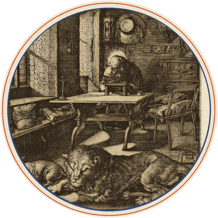 Engraving of Saint Jerome writing in his study, with a sleeping lion in the foreground