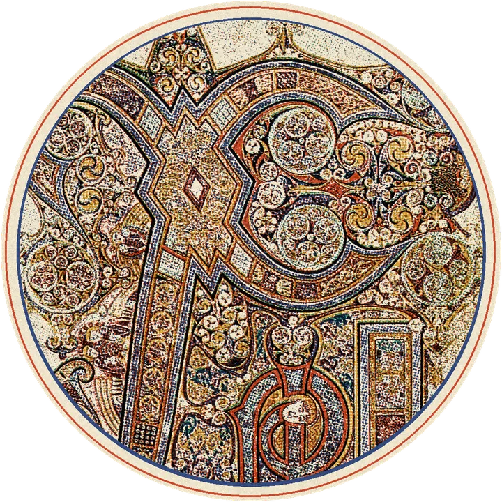 Detail of the great letter Chi in the Book of Kells, full of spirals, interlace and colour
