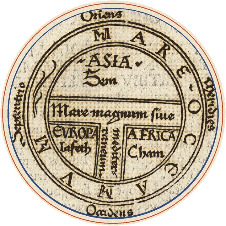 T-O map: a circle divided into Asia, Europe and Africa by a T of water, surrounded by the ocean