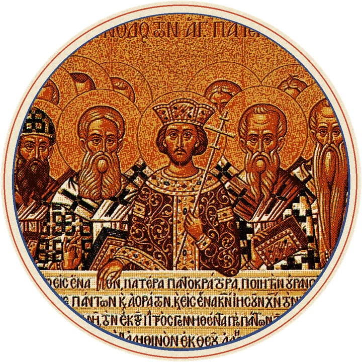 Orthodox icon of the Council of Nicaea: a crowned Constantine among haloed bishops holding the text of the creed