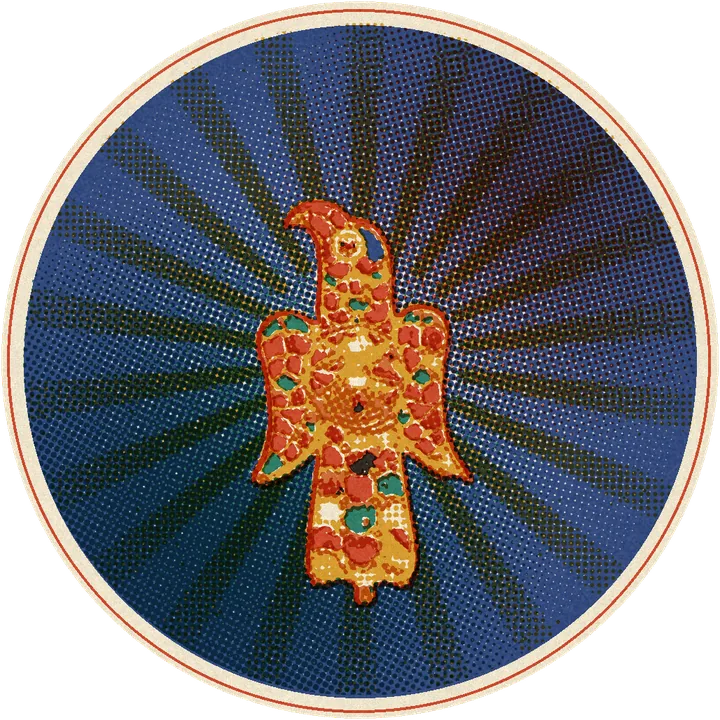 Visigothic eagle-shaped brooch printed in inks, inside a night-sky lens