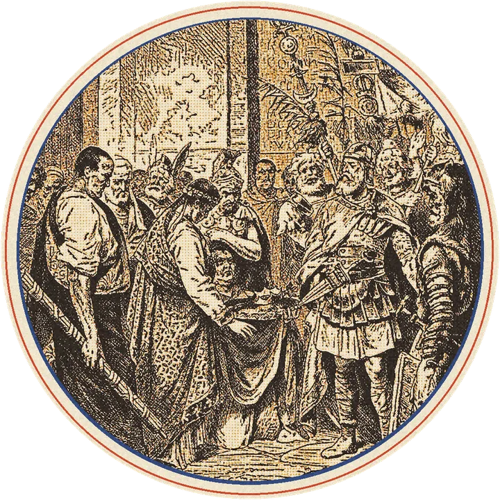 Romulus Augustulus hands his crown to Odoacer, engraving printed in inks