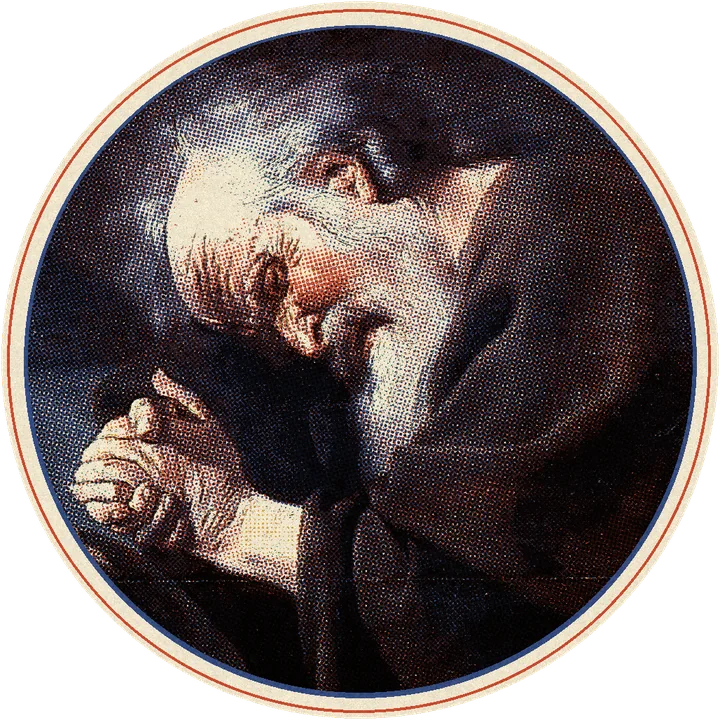 Heraclitus weeping, hands clasped over a globe, painting by Moreelse printed in inks