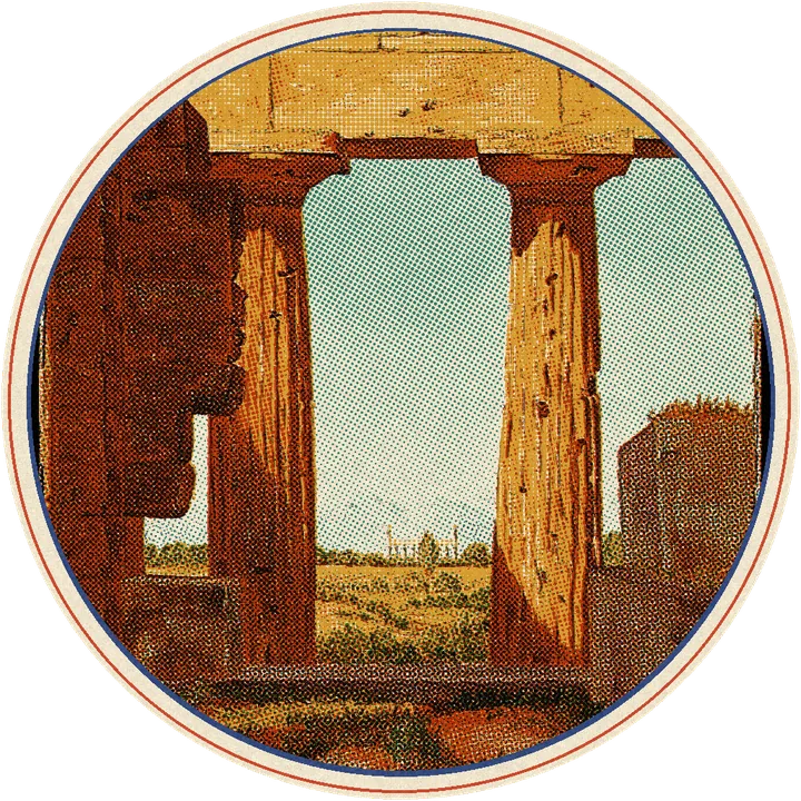 Painting of the columns of the temple at Paestum with the countryside behind, printed in inks