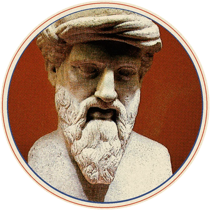 Marble bust of Pythagoras wearing a turban, printed in inks