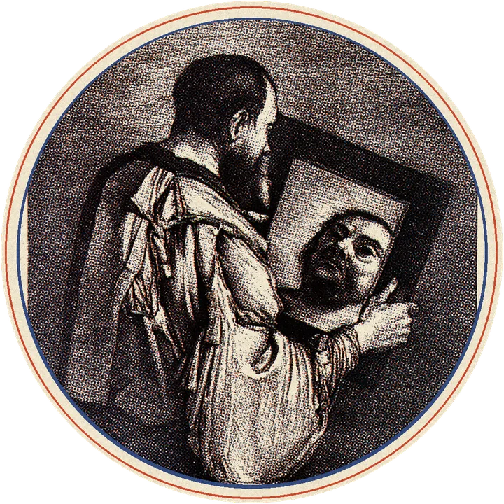 A bearded man holds up a mirror and looks at his own reflection; print in inks
