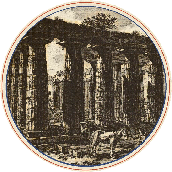 Grabado de Piranesi con las columnas dóricas de un templo de Paestum, impreso en tintas