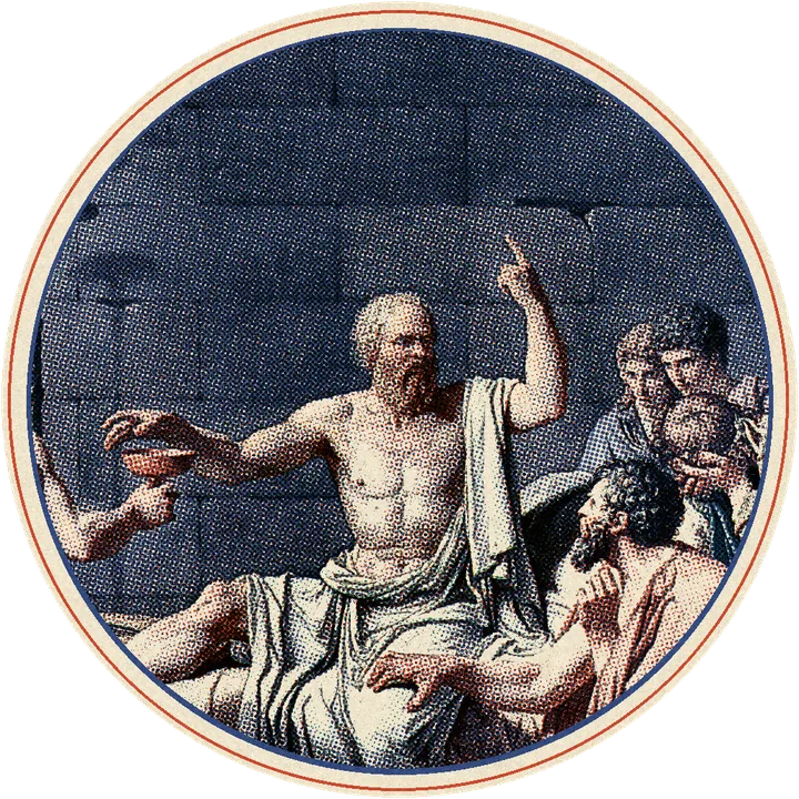 Sócrates, sentado en el lecho de la prisión, alarga la mano hacia la copa de cicuta y levanta el índice de la otra; pintura de David impresa en tintas