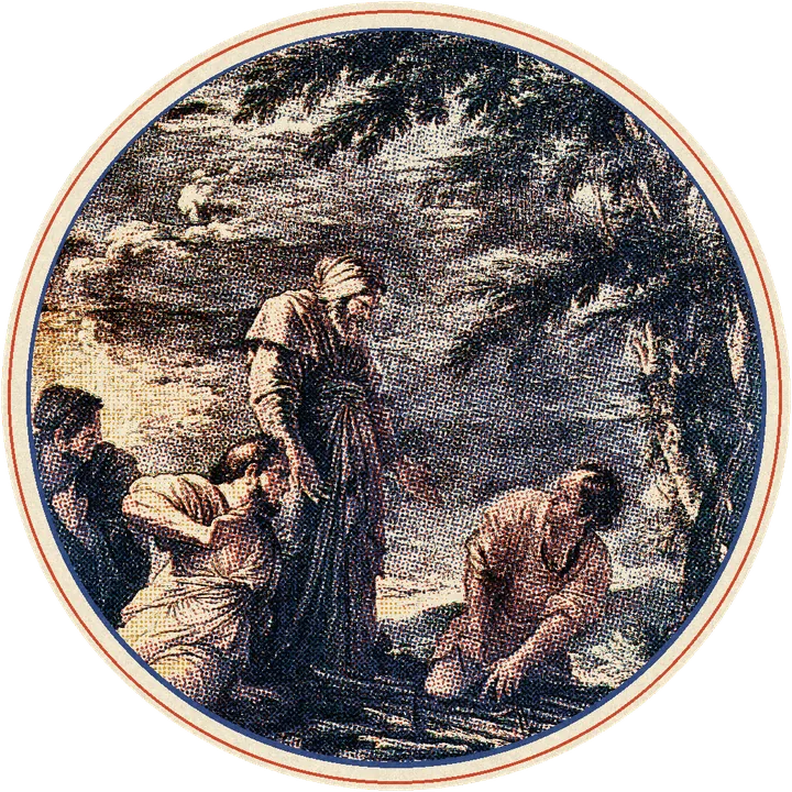 Un joven cargado con un haz de leña mira a un anciano que lo observa, en un paisaje oscuro; pintura de Salvator Rosa impresa en tintas